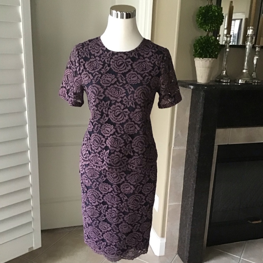 Ann Taylor Floral Lace Overlay Dress SZ 2/XS Navy Lavender 2-PC Top Skirt NEW - Picture 6 of 15